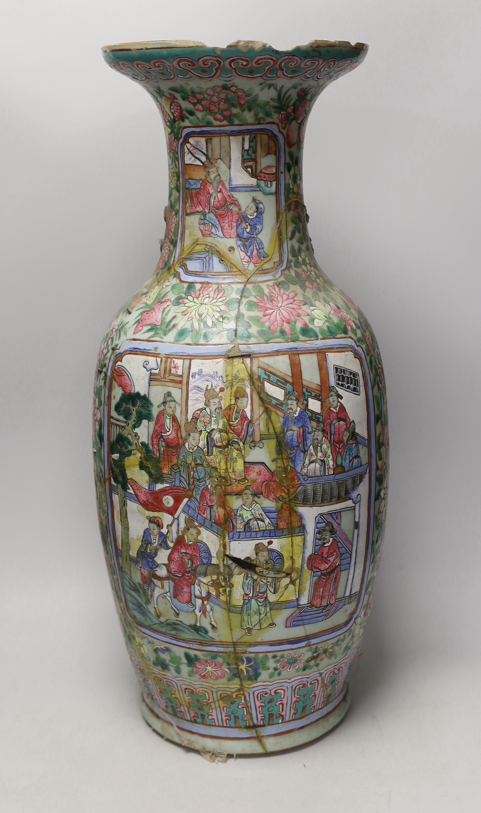 A large 19th century Chinese Export famille rose baluster vase, 60cm (extensive damage)